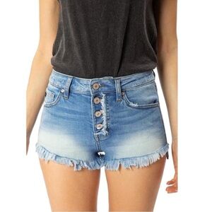 KanCan Cutoff Denim Jean Shorts High Waisted (4) Button Fly Fringe Size W 31”x…